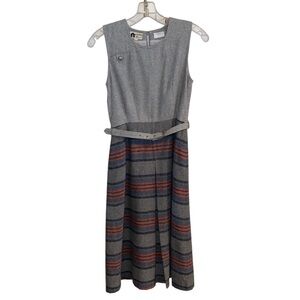 vintage mid century / 50s wool belted sleeveless grey & red twee dress